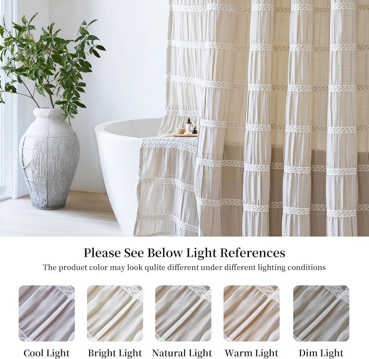 Siiluminisoy Extra Long Shower Curtain Fabric 72 x 84 Inch Shower Curtain Cream Striped Cotton Blend Thick Farmhouse Shower Curtains for Country Bathroom Decor, Beige