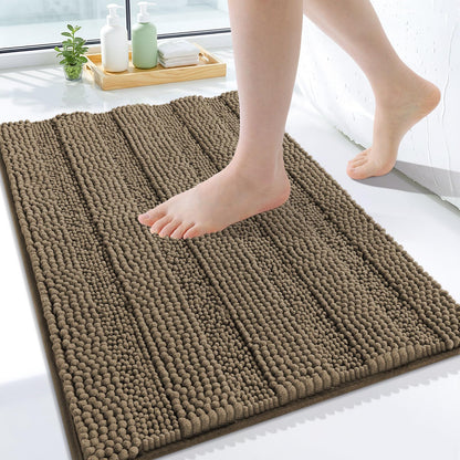 Grandaily Chenille Striped Bathroom Rugs 36x24, Extra Thick and Absorbent Bath Mats, Non-Slip Soft Plush Shaggy Shower Carpet, Machine Wash Dry, Bath Rug for Bathroom, (Large, Light Grey)
