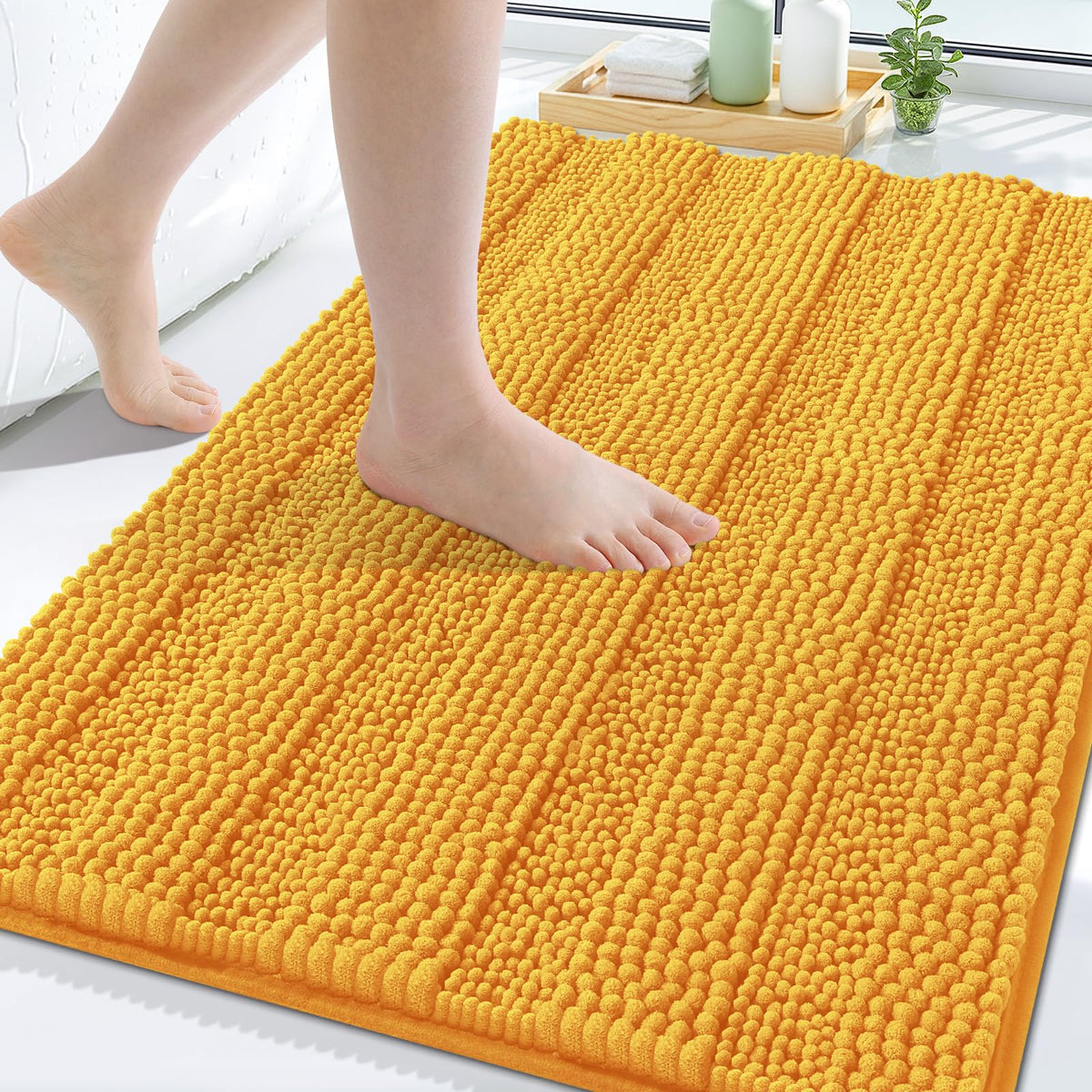 Grandaily Chenille Striped Bathroom Rugs 36x24, Extra Thick and Absorbent Bath Mats, Non-Slip Soft Plush Shaggy Shower Carpet, Machine Wash Dry, Bath Rug for Bathroom, (Large, Light Grey)