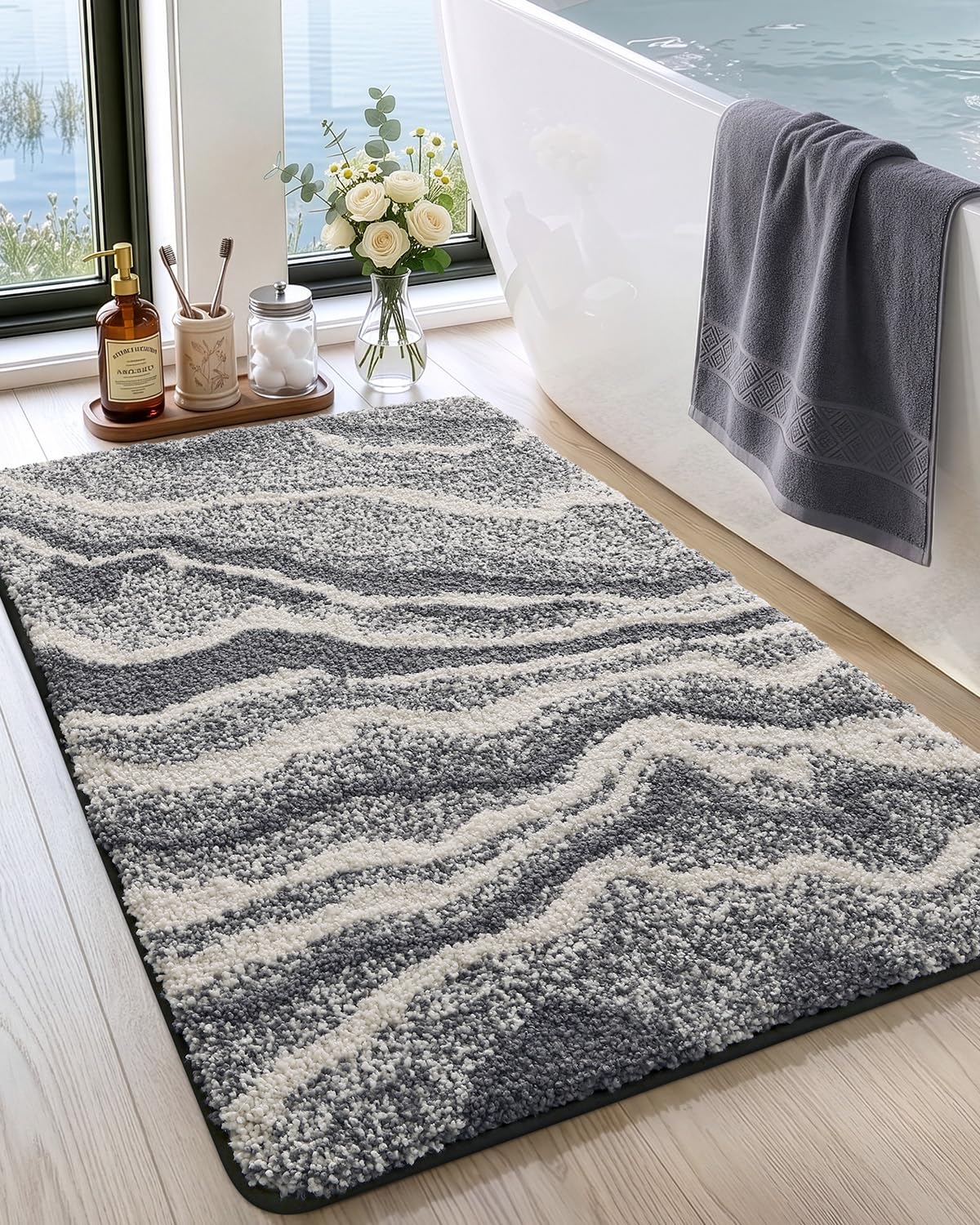 DEXI Marble Bath Mats 36x24, Bathroom Rugs Non Slip Machine Washable, Grey