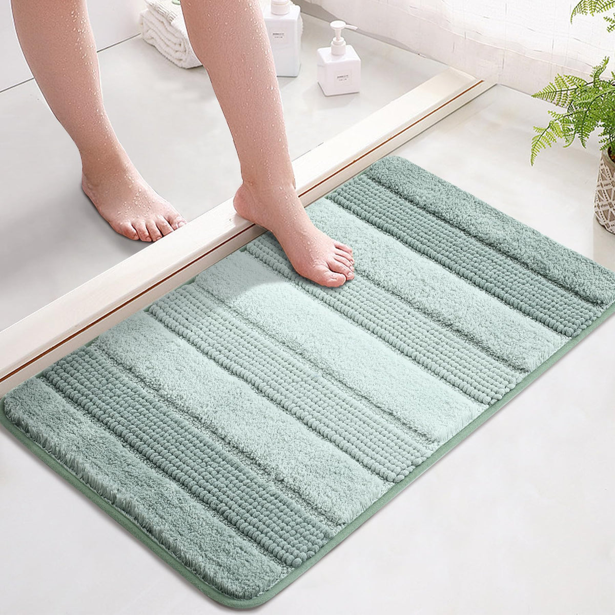 3 Pcs Ombre Bath Mat Set for Bathroom, Non Slip Ultra Soft and Thick Water Absorbent Bath Carpet, Machine Washable & Quick Dry Bathroom Rug, for Bedroom Door Living Room,Green