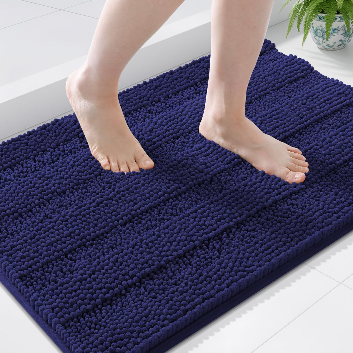 Grandaily Chenille Striped Bathroom Rugs 36x24, Extra Thick and Absorbent Bath Mats, Non-Slip Soft Plush Shaggy Shower Carpet, Machine Wash Dry, Bath Rug for Bathroom, (Large, Light Grey)