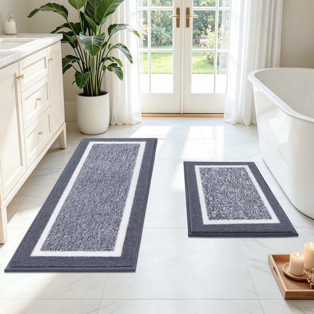 Pauwer Bathroom Rugs 3 Piece Set, Non Slip Washable Bath Mat, Dark Grey