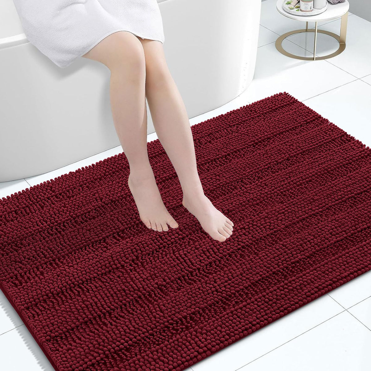 Grandaily Chenille Striped Bathroom Rugs 36x24, Extra Thick and Absorbent Bath Mats, Non-Slip Soft Plush Shaggy Shower Carpet, Machine Wash Dry, Bath Rug for Bathroom, (Large, Light Grey)