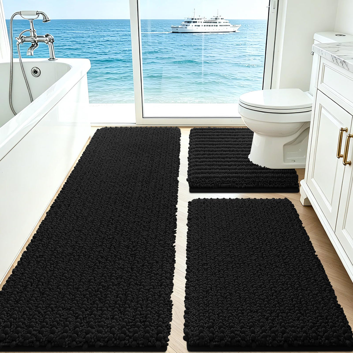 ACCUMTEK Upgrade Extra Large Black Bathroom Rug Set 3 Pieces Ultra Soft, Thick Absorbent Bath Mats, Non Slip Chenille Toilet Mat for Bathroom, Bedroom, Kitchen