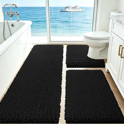 ACCUMTEK Upgrade Extra Large Black Bathroom Rug Set 3 Pieces Ultra Soft, Thick Absorbent Bath Mats, Non Slip Chenille Toilet Mat for Bathroom, Bedroom, Kitchen