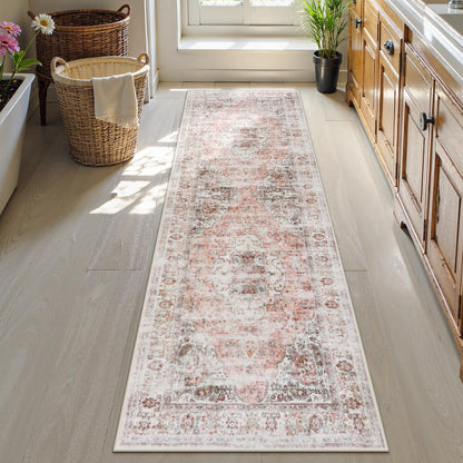 Uphome Boho Small Bath Mat, Distressed Farmhouse Light Khaki Bath Rugs, Comfy Velvet Bathroom Rugs Non Slip Washable, Vintage Oriental Toilet Rug for Sink Shower Vanity, 18x26 inch