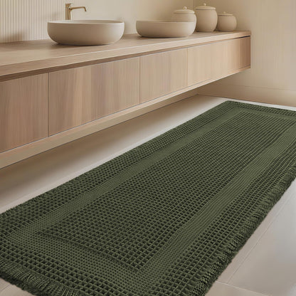 Upgrade Waffle Bath Mat Set 2 Piece, Boho Bathroom Rugs Absorbent Non Slip, Ultra Soft Bathroom Mat, Machine Washable Knit Bath Rugs with Herringbones for Bathroom, Bedroom, Kitchen, Shower, White