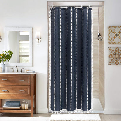 Boho Farmhouse Tassel Linen Shower Curtain,3D Embroidery Stripe Black,72x72