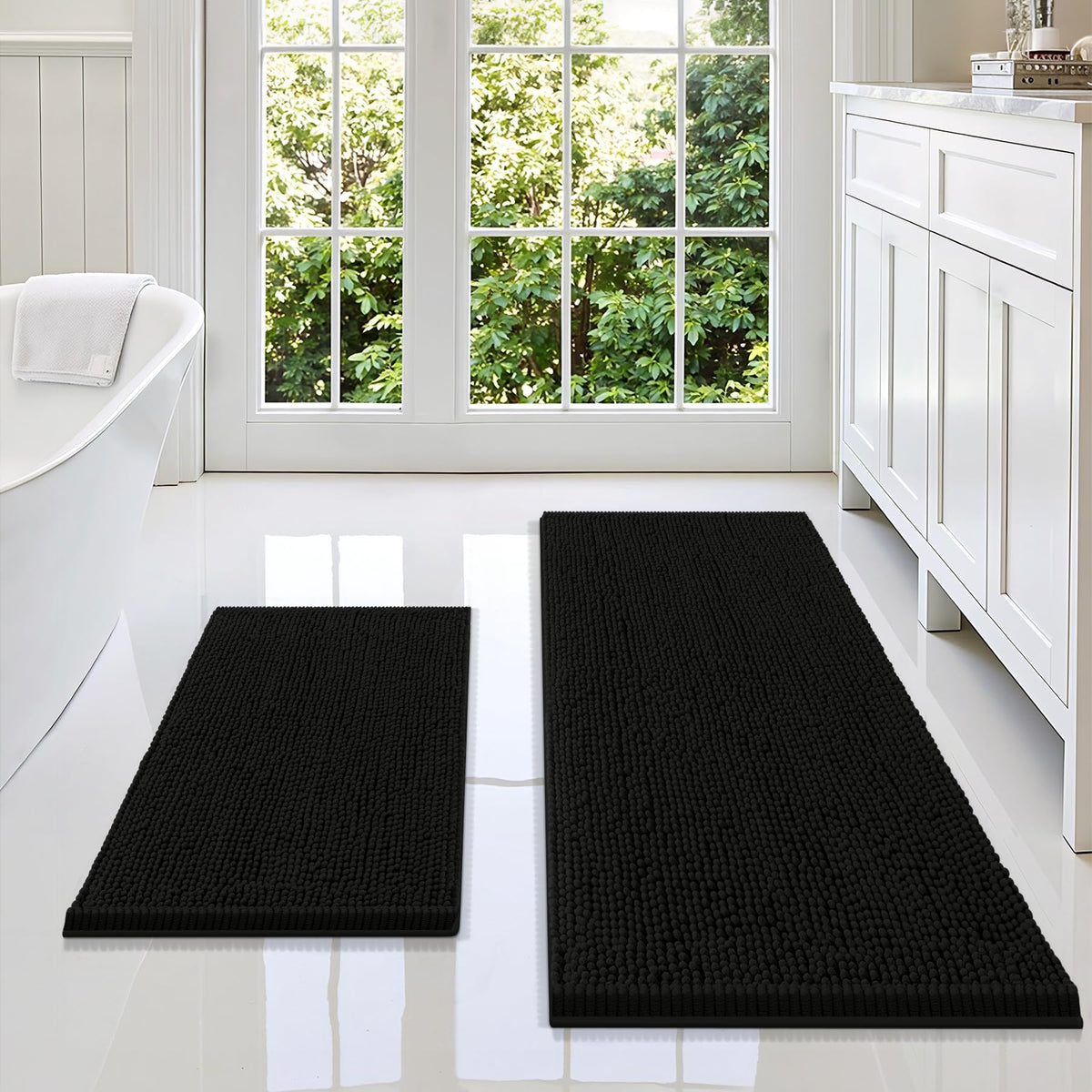 Smiry Chenille Bathroom Rugs Sets 2 Piece (30x20+24x16, Black)