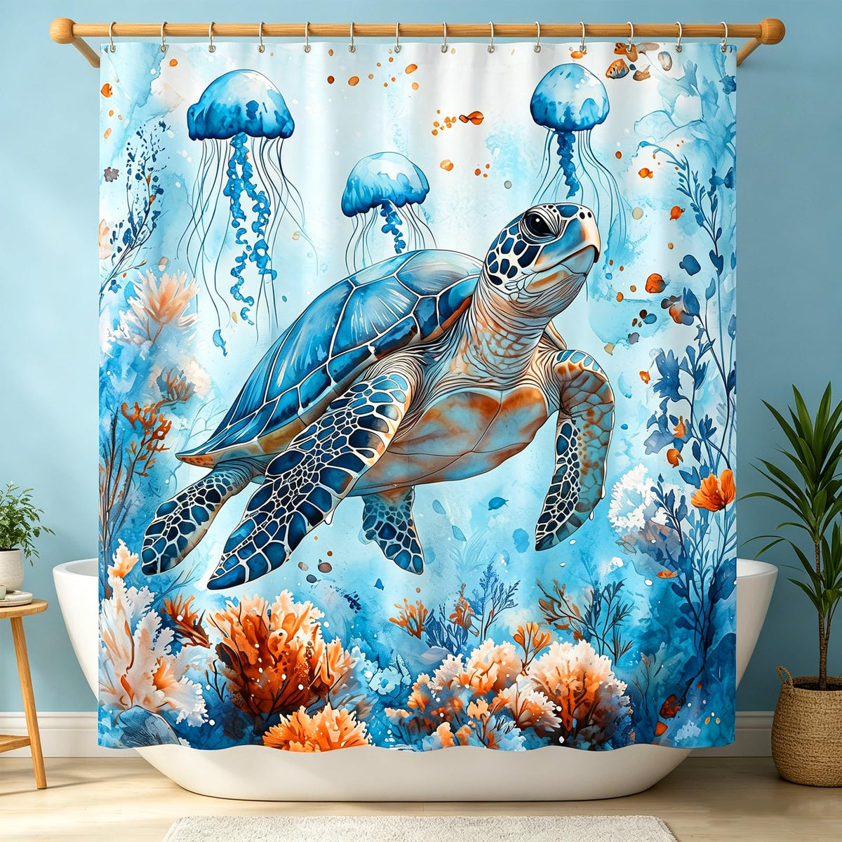 Sea Turtle Shower Curtain,Ocean Beach Shower Curtain, Tropical Summer Sea Theme Bathroom 72x72 Inch Proof Polyester Insulated Home Decor
