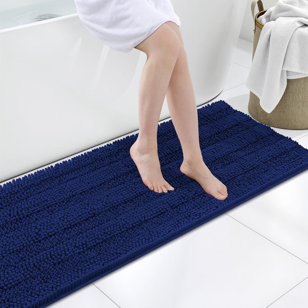 Grandaily Chenille Striped Bathroom Rugs 36x24, Extra Thick and Absorbent Bath Mats, Non-Slip Soft Plush Shaggy Shower Carpet, Machine Wash Dry, Bath Rug for Bathroom, (Large, Light Grey)
