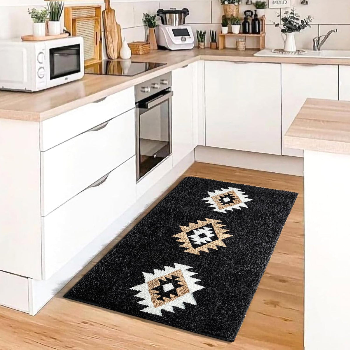 DEXDE Black Bathroom Rugs 20x32 Aztec Boho Long Western Plush Bath Mats