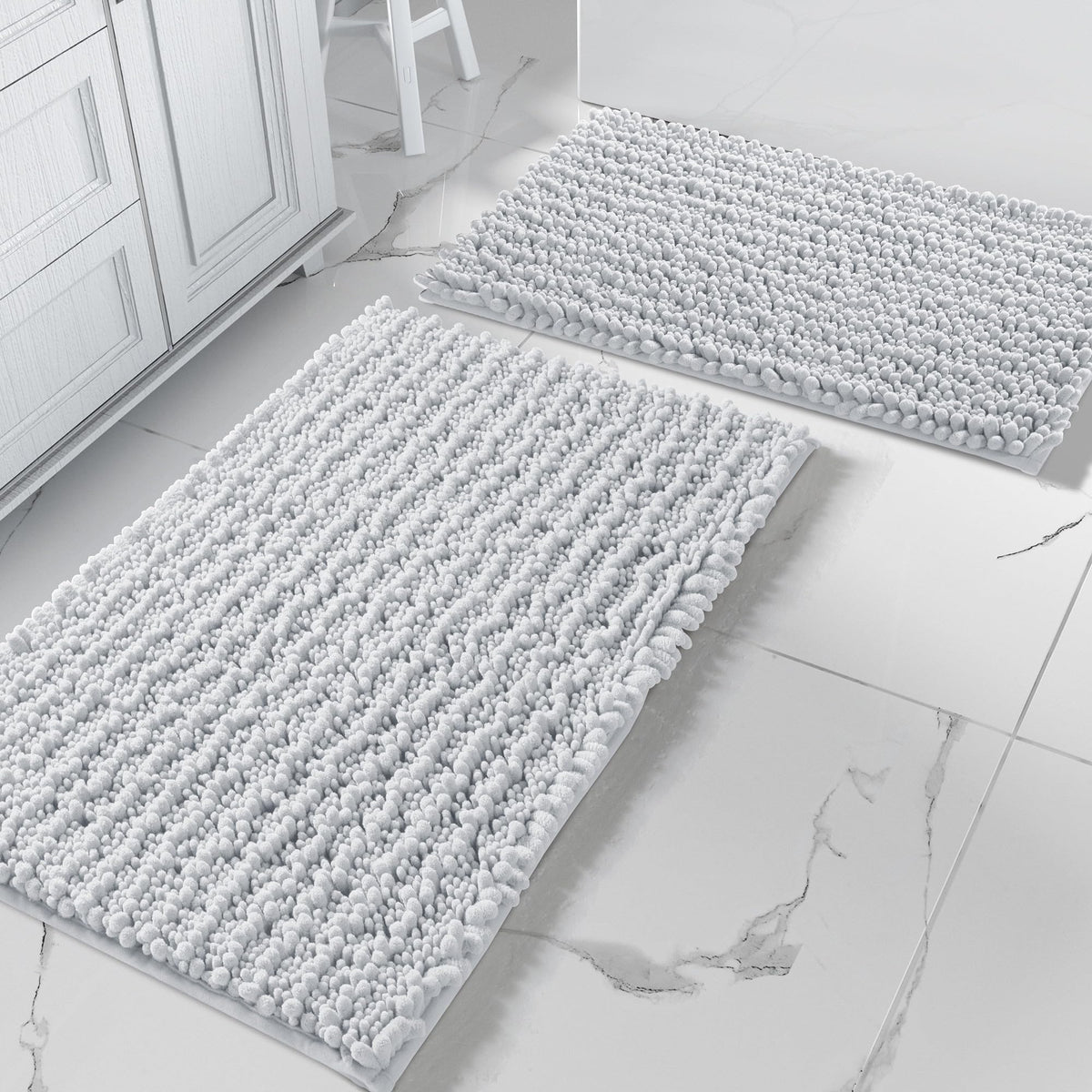 Yimobra Bathroom Rugs Sets 2 Piece - Quick Dry Extra Thick Luxury Chenille Bath Mat, Non Slip Super Absorbent for Tub Shower Sink, Machine Washable Shaggy Floor Mat, 32"x20"+24"x17" Inch, Pale Khaki