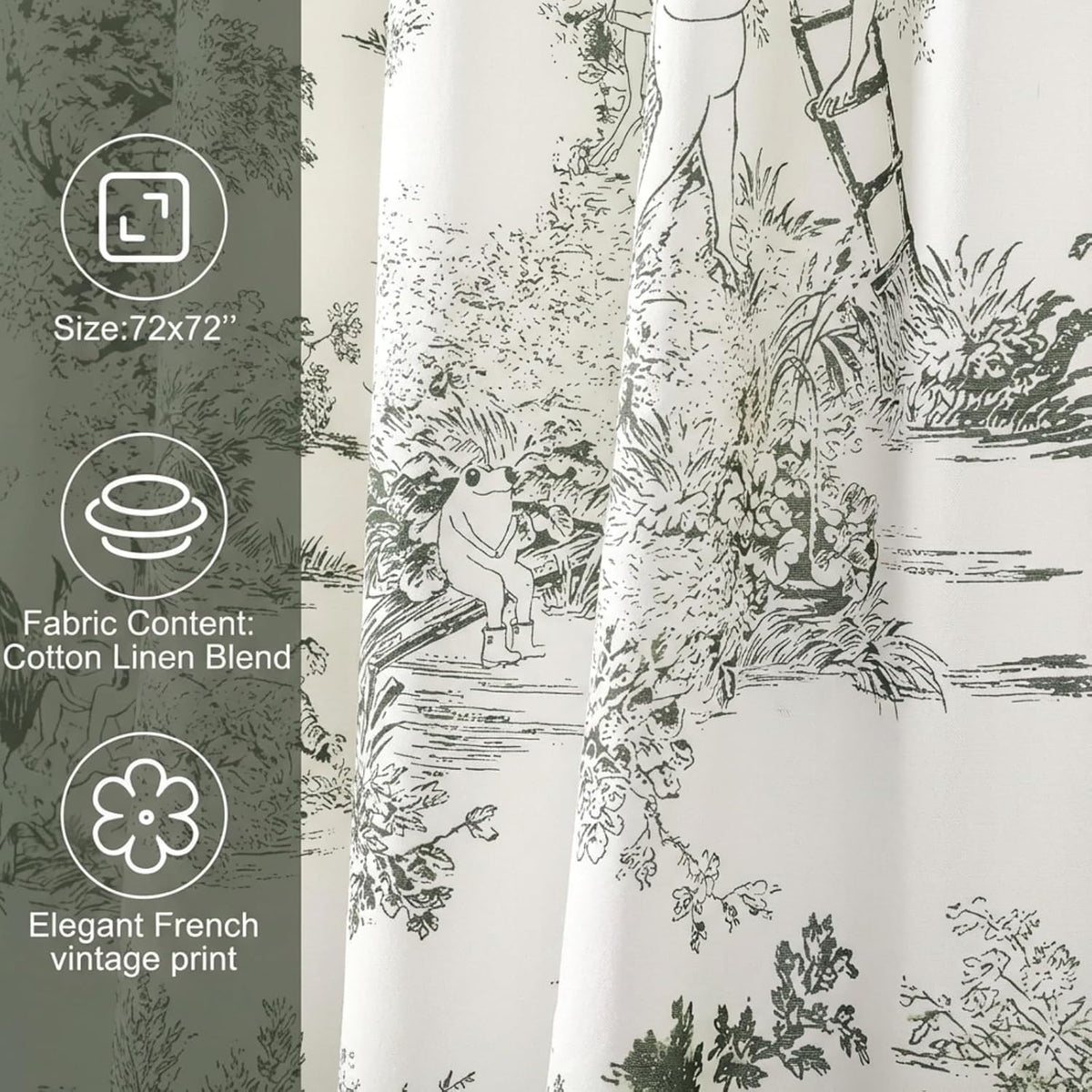 Mindsoft Vintage French Frog Toile Shower, Green, 72x72 Inch