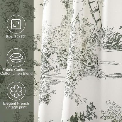 Mindsoft Vintage French Frog Toile Shower, Green, 72x72 Inch