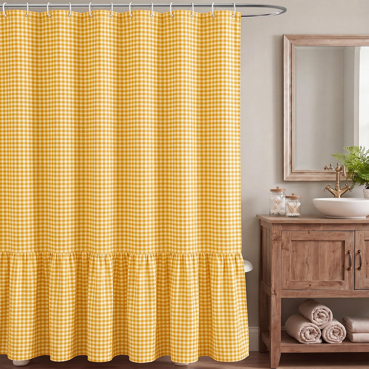 HunnmingRe Ruffle Hem Gingham Shower Curtain Sage Green