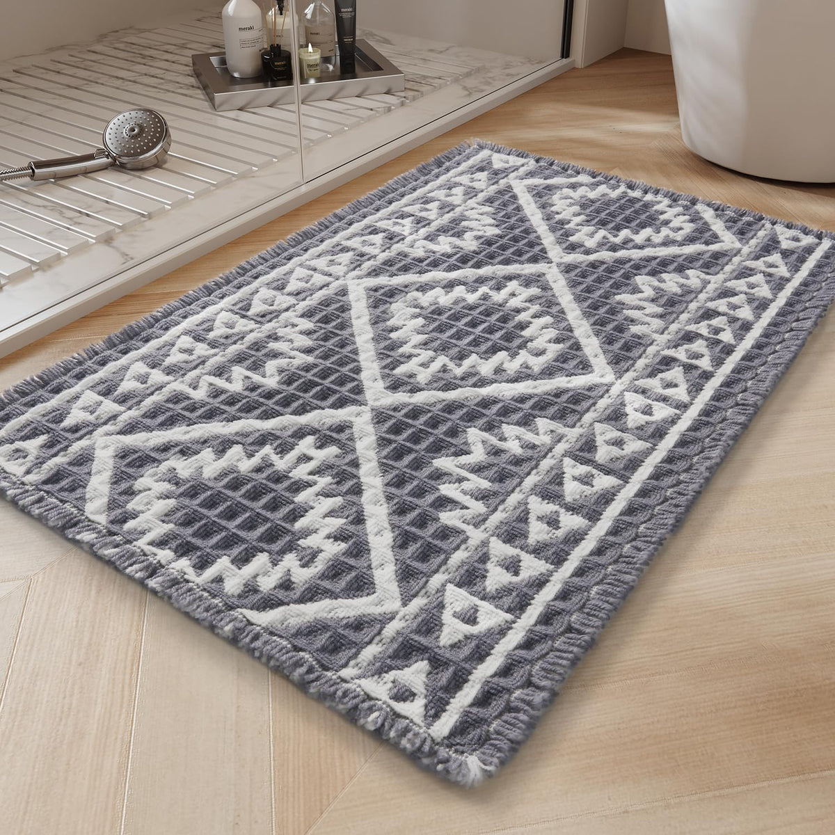 PADOOR-Waffle Bath Mat-Super Absorbent Bath Mats for Bathroom, Machine Washable Non Slip Bathroom Rug with Tassels, Soft Bathroom Mat for Laundry Room, Bedroom, Brown & Cream, 17"x28"