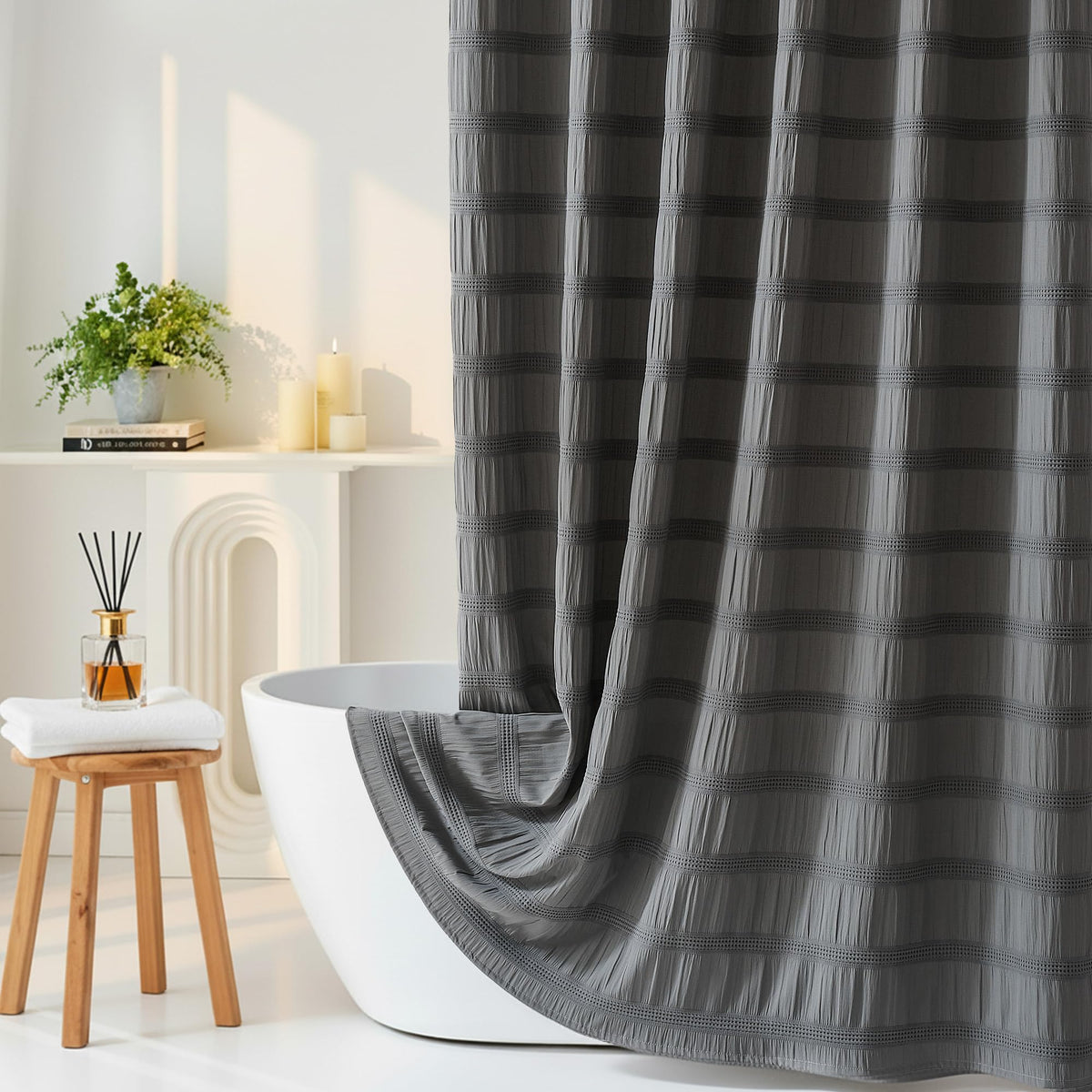 White Shower Curtain Fabric, White Textured Shower Curtain Boho Cotton Blend Striped Waffle Shower Curtains for Bathroom 72 x 72