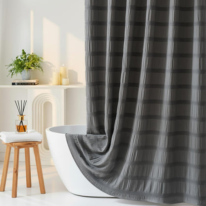 White Shower Curtain Fabric, White Textured Shower Curtain Boho Cotton Blend Striped Waffle Shower Curtains for Bathroom 72 x 72