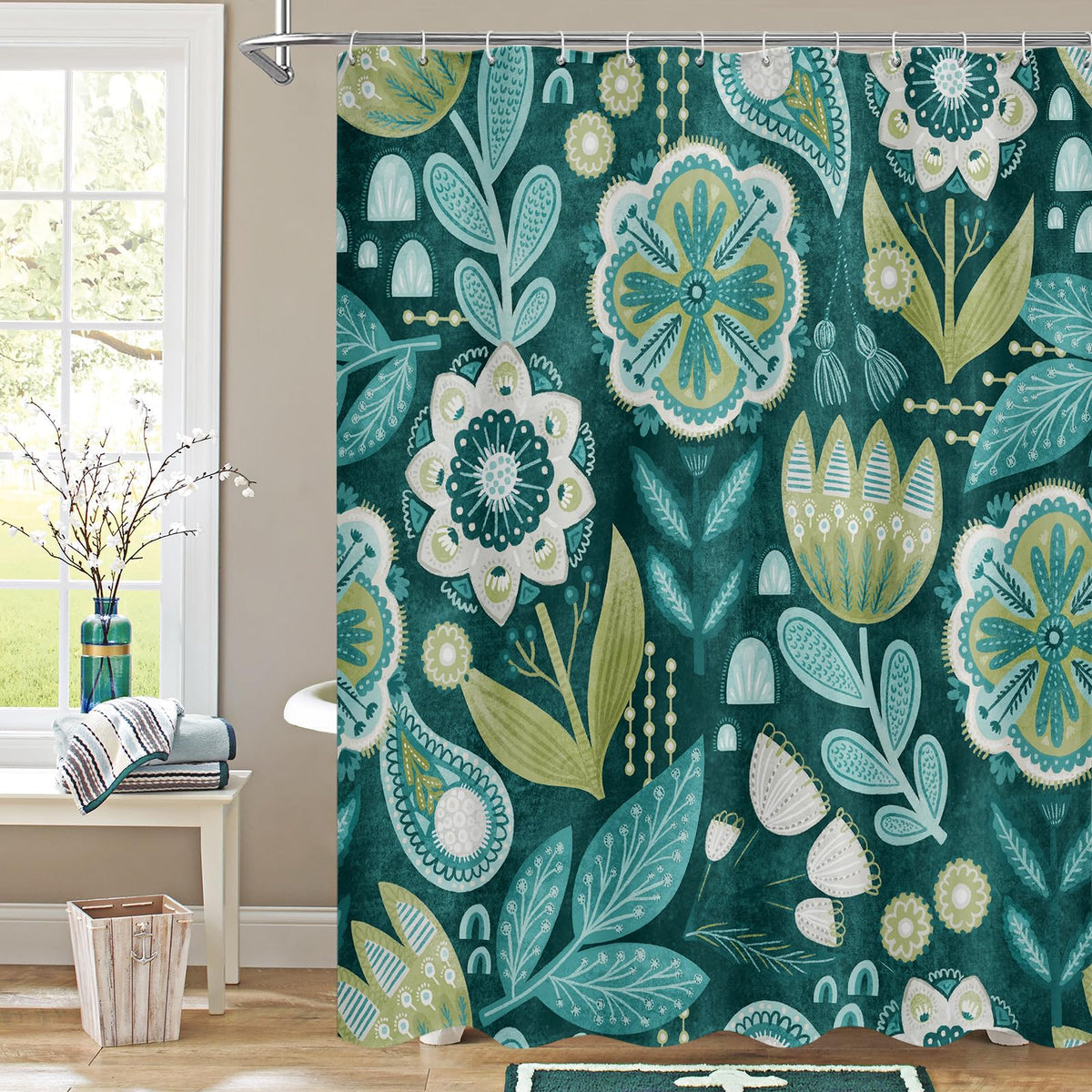 Boho Floral Shower Curtain, Vintage Botanical Fabric Curtain, 72 x 72