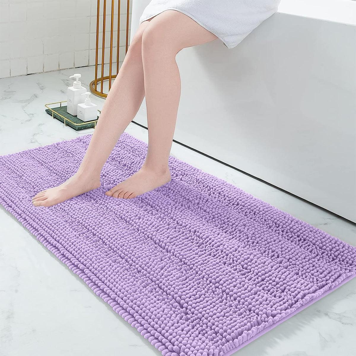 Grandaily Chenille Striped Bathroom Rugs 36x24, Extra Thick and Absorbent Bath Mats, Non-Slip Soft Plush Shaggy Shower Carpet, Machine Wash Dry, Bath Rug for Bathroom, (Large, Light Grey)