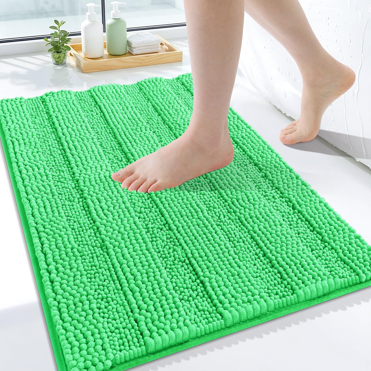 Grandaily Chenille Striped Bathroom Rugs 36x24, Extra Thick and Absorbent Bath Mats, Non-Slip Soft Plush Shaggy Shower Carpet, Machine Wash Dry, Bath Rug for Bathroom, (Large, Light Grey)