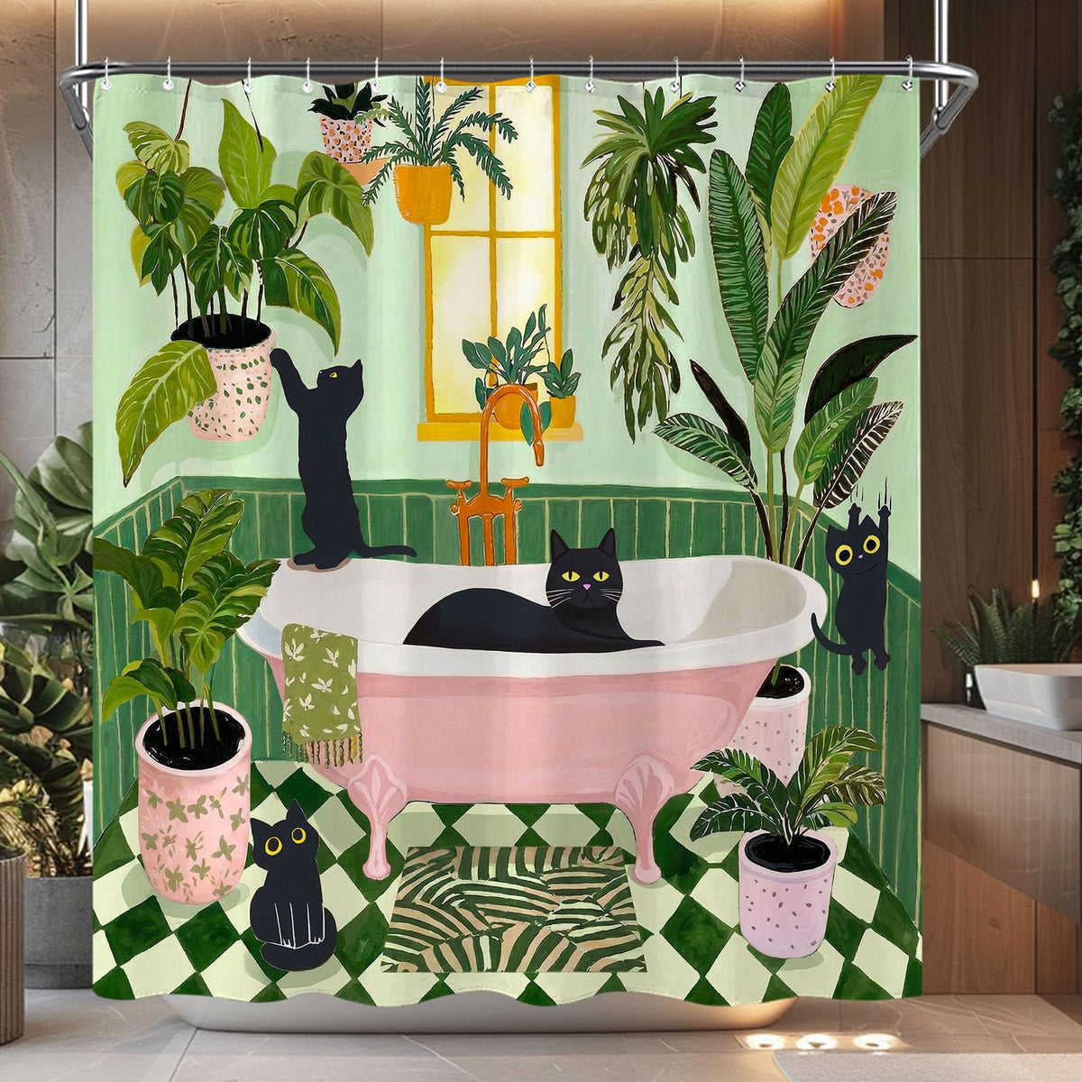 Funny Cat Shower Curtain Boho Cute Fun Black Cats Matisse Shower Curtains for Bathroom Kitten Green Tropical Plant Leaves Pink Orange Yellow Waterproof Fabric Bath Curtain Decor 72 X 72 Inches