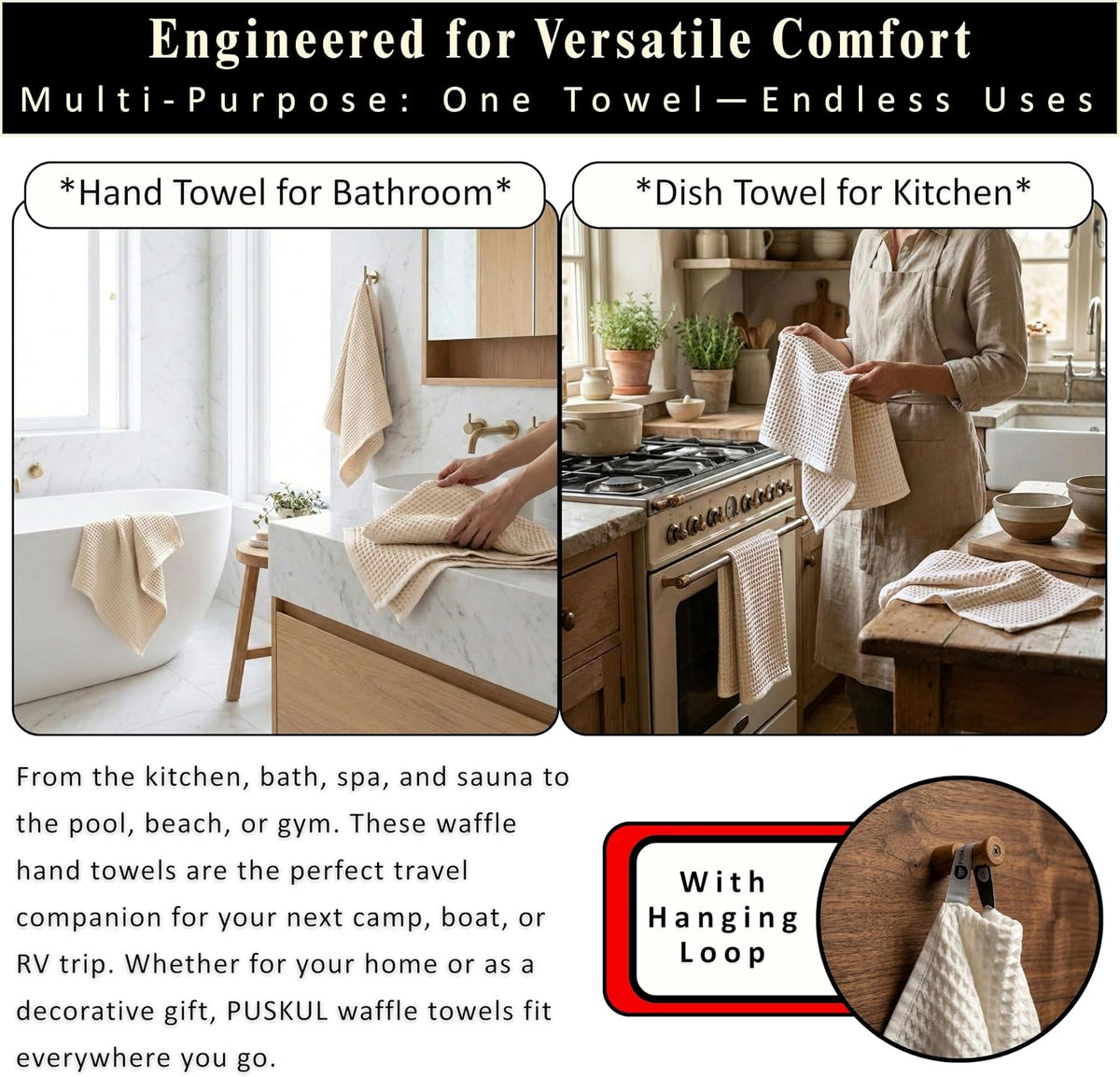 PÜSKÜL Natural 100% Turkish Cotton Waffle Hand and Kitchen Towels Set of 3