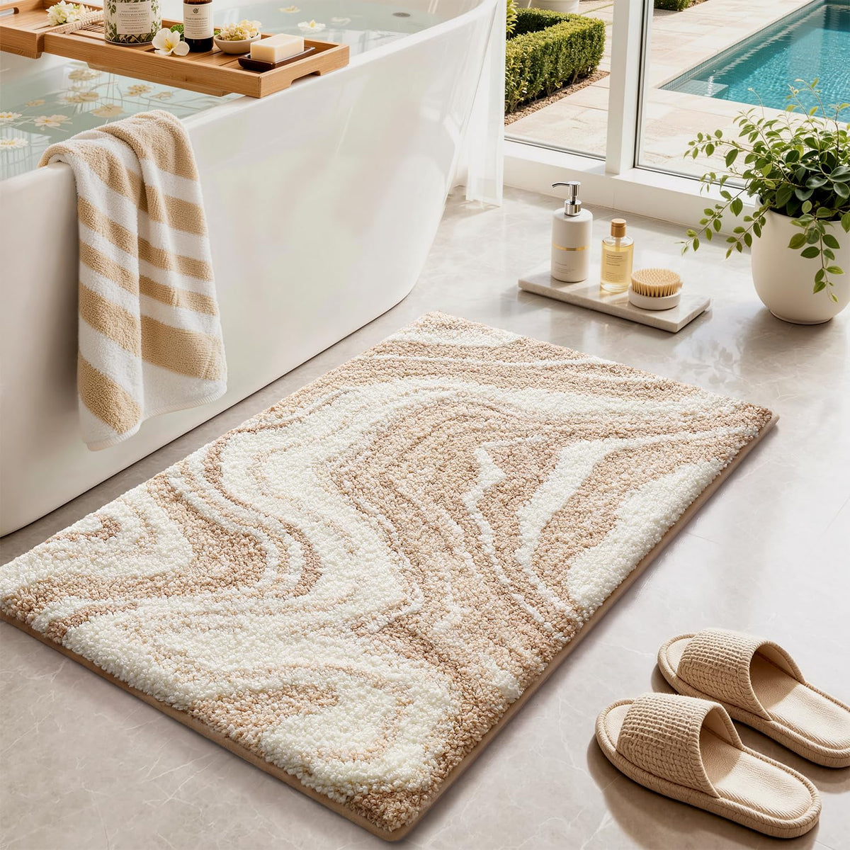 Color&Geometry Marble Bath Mat, 24"x36",Khaki Wave Bathroom Rug