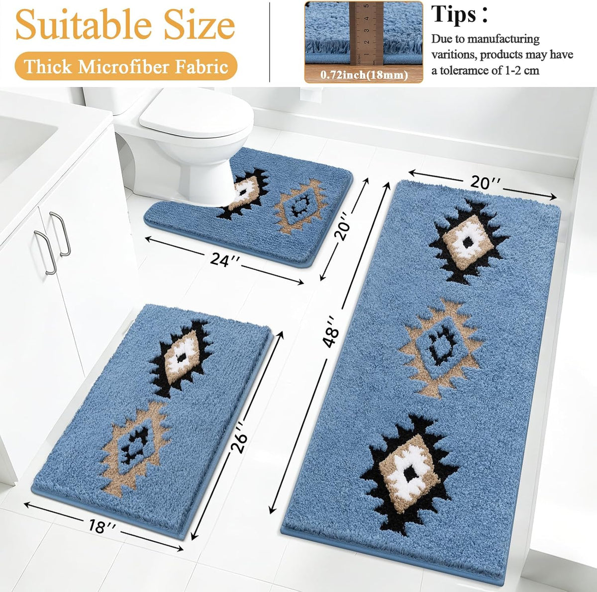 HEBE Boho Bathroom Rugs Set 3 Piece, Non Slip Washable Bath Mat Set