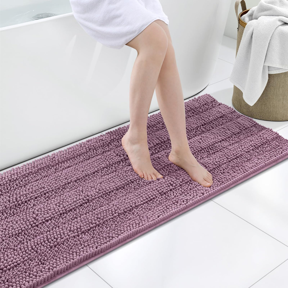 Grandaily Chenille Striped Bathroom Rugs 36x24, Extra Thick and Absorbent Bath Mats, Non-Slip Soft Plush Shaggy Shower Carpet, Machine Wash Dry, Bath Rug for Bathroom, (Large, Light Grey)