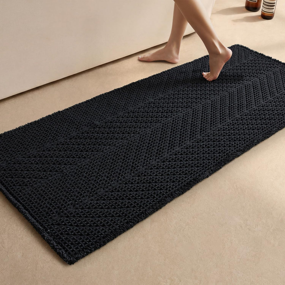 Sunfly Boho Bathroom Rug, Herringbone Waffle Bath Mat Non-Slip Washable Super Absorbent Quick Dry, Farmhouse Bath Mat for Bathroom Floor Decor 20"*30" Khaki