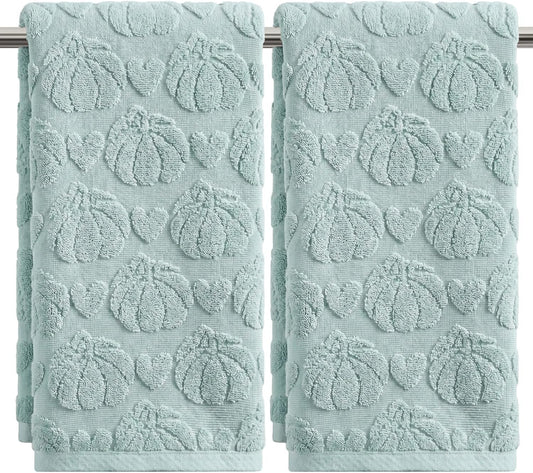 Artoid Mode 2 Pcs Blue 3D Heart Pumpkin Jacquard Hand Towels for Bathroom