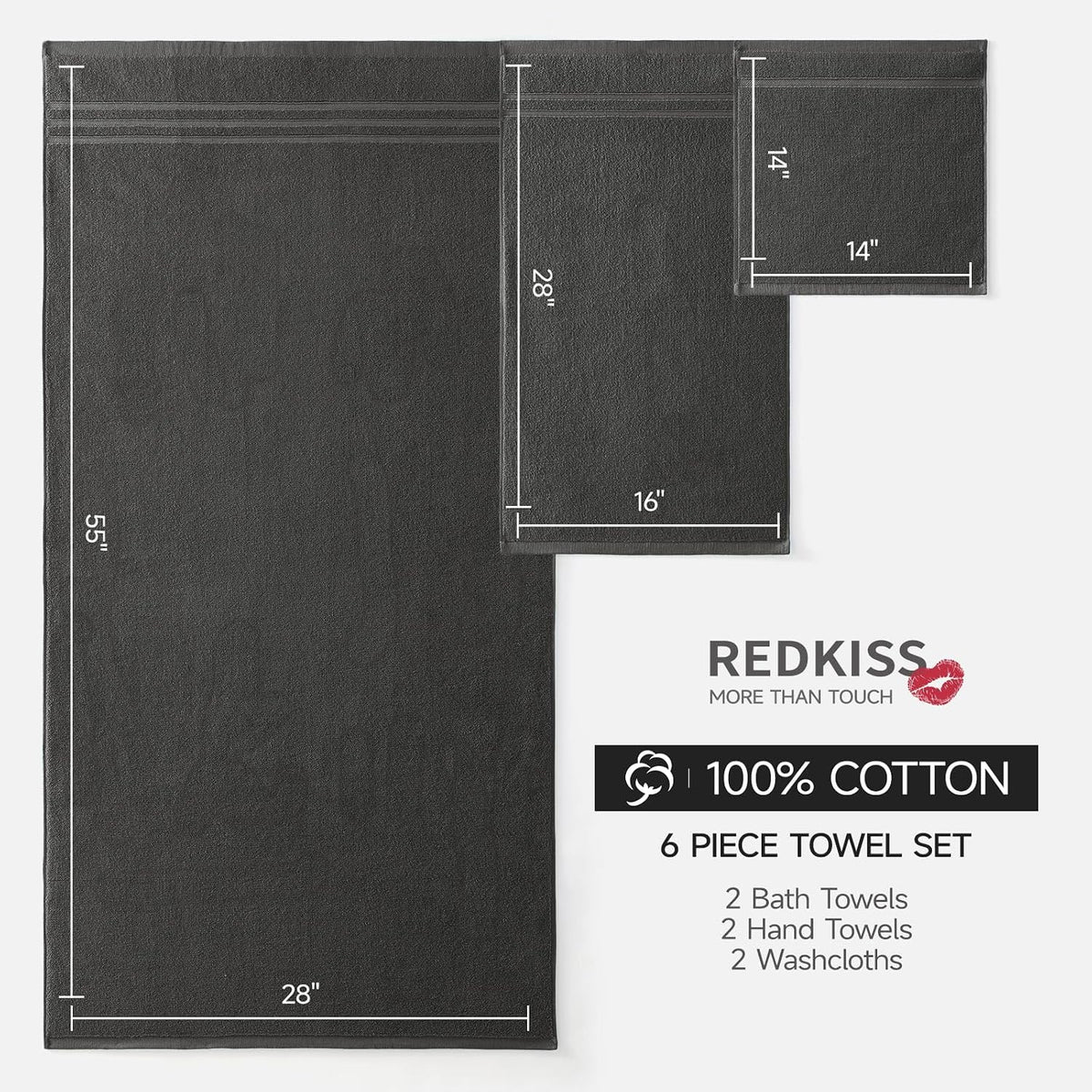 REDKISS Dark Gray Towels Set 6 Piece Cotton Towel Sets with 2 Bath Towels, 2 Hand, 2 Washcloths, 650GSM Hotel Quality, Soft, Highly Absorbent Towels for Bathroom Gym, Ideal Everyday Use