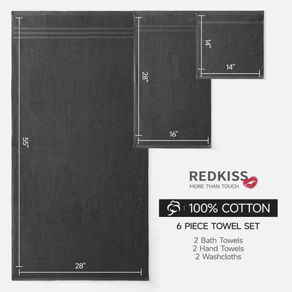 REDKISS Dark Gray Towels Set 6 Piece Cotton Towel Sets with 2 Bath Towels, 2 Hand, 2 Washcloths, 650GSM Hotel Quality, Soft, Highly Absorbent Towels for Bathroom Gym, Ideal Everyday Use