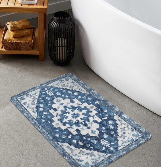 Uphome Vintage Bathroom Rug Blue Boho Non-Slip Bathroom Mat Oriental Soft Machine Washable Bath Rugs Cute Tribal Floral Floor Mats for Sink Tub Door Mat, 18x25 inch