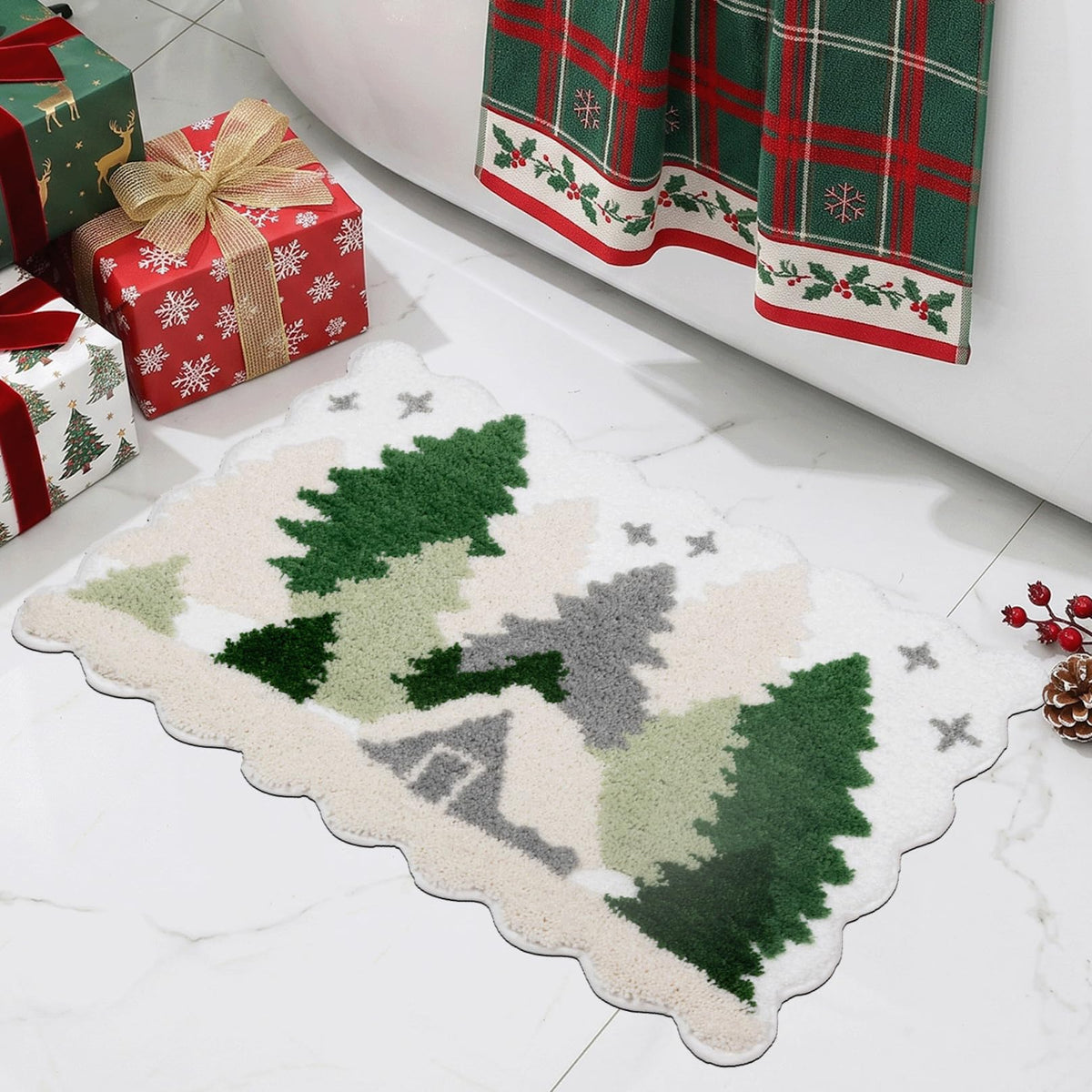 ORTIGIA Cute Green Scalloped Bath Mat, Fun Plush Microfiber Scallop Bathroom Rugs Non Slip Washable Quick Dry Absorbent, Bathmat Bath Rug Carpet for Shower Stall Vanities Kitchen Floor Entrance, 20x32