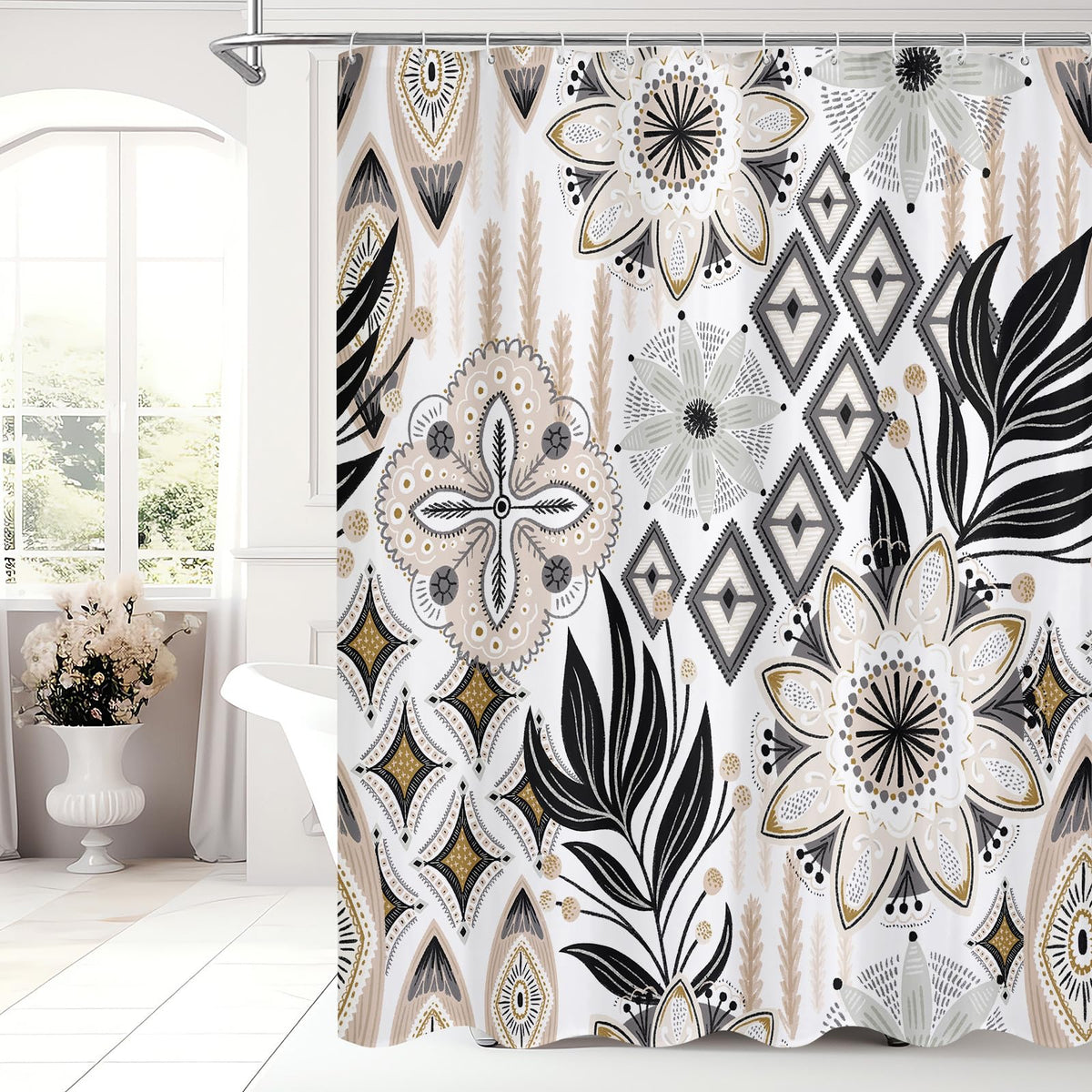 Boho Floral Shower Curtain, Vintage Botanical Fabric Curtain, 72 x 72