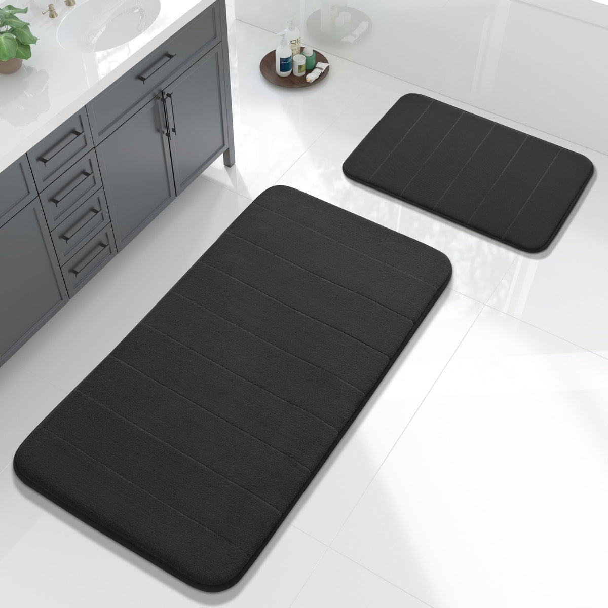 Yimobra Memory Foam Bathroom Rugs Sets 2 Piece - Super Soft Absorbent Quick Dry Bath Mat Set, Machine Washable Non Slip Floor Carpet for Tub Shower & Single Sink (17x24 & 31.5x20 Inch, Black)