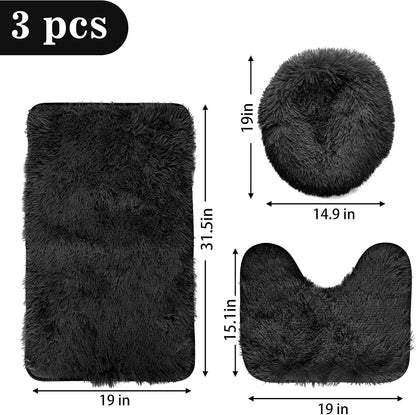 Black Bathroom Rugs Sets 3Piece Bath Mat Solid Bath Rug Floor Mats Washable Shower Rug with U-Shaped Contour Rug Toilet Lid Cover