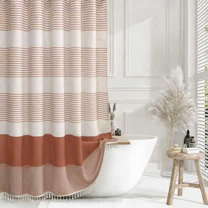 Navy Blue Coastal Ocean Linen Striped Shower Curtain with Tassel 72W X 72L