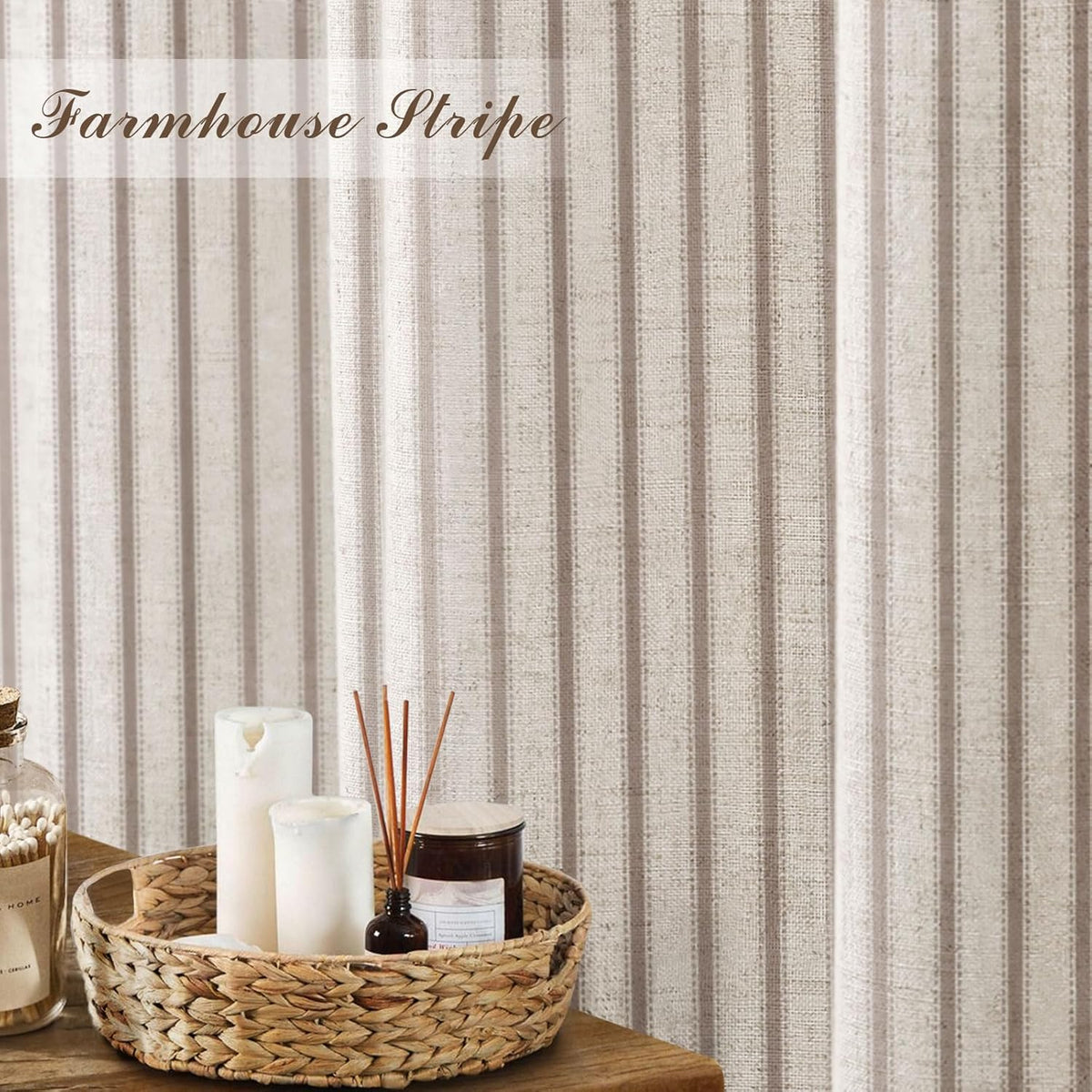 Farmhouse Striped Shower Curtain Taupe Vintage Linen Curtain 72"W X 72"L