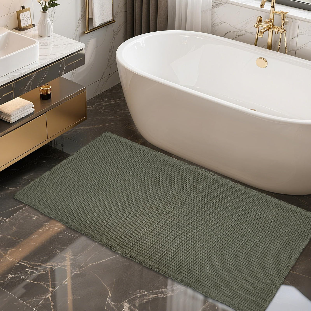 ZALL Tan Waffle Bath Mat,Super Absorbent Non Slip Bathroom Rug,Brown 18x30inch,Machine Washable Ultra Soft Floor Mats