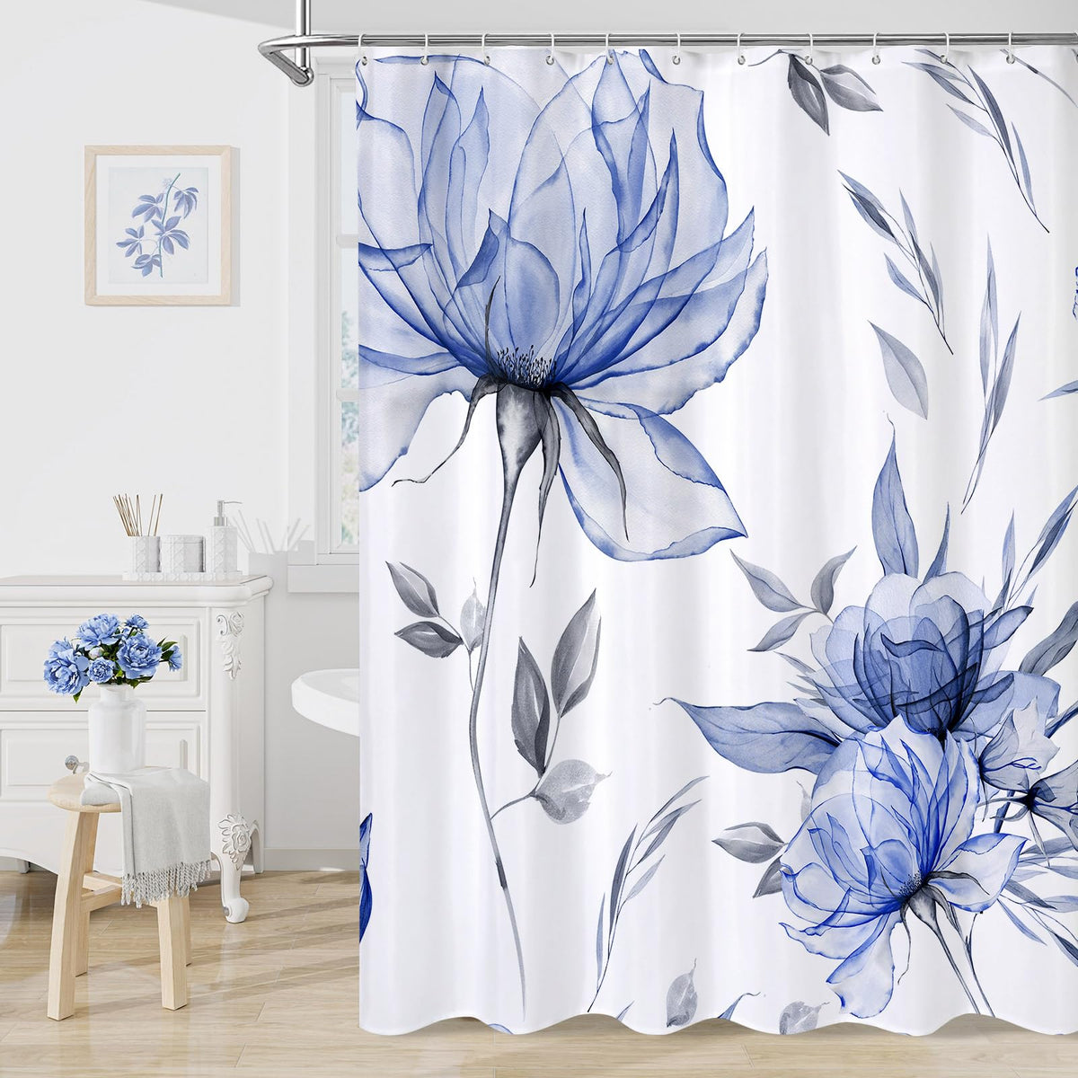 Blue Boho Floral Shower Curtain, Watercolor Botanical Design, 72 x 72