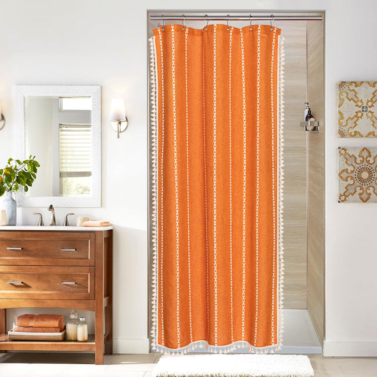 Boho Farmhouse Tassel Linen Shower Curtain,3D Embroidery Stripe Black,72x72