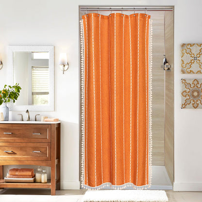 Boho Farmhouse Tassel Linen Shower Curtain,3D Embroidery Stripe Black,72x72