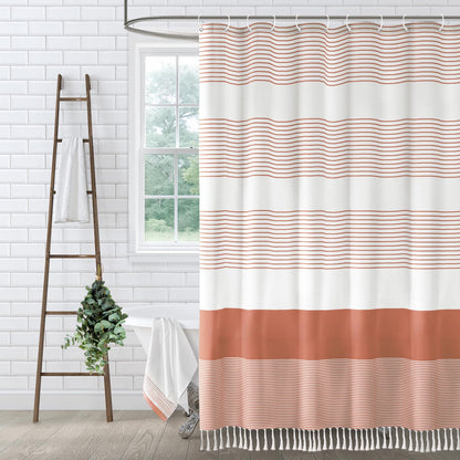 Sage Green Boho Cotton Striped Shower Curtain with Tassel 72"W X 72"L
