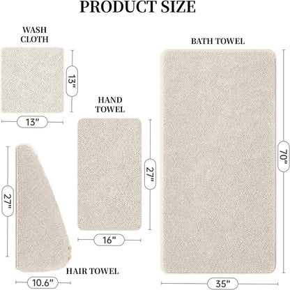 Oversize Bath Towels for Bathroom 35x70 Inches, 4-Piece Bathroom Set (1 Bath Towel, 1 Hair Towel, 1 Hand Towel, 1 Washcloth) Towels for Bathroom Set Soft and Absorbent Shower Towels Khaki