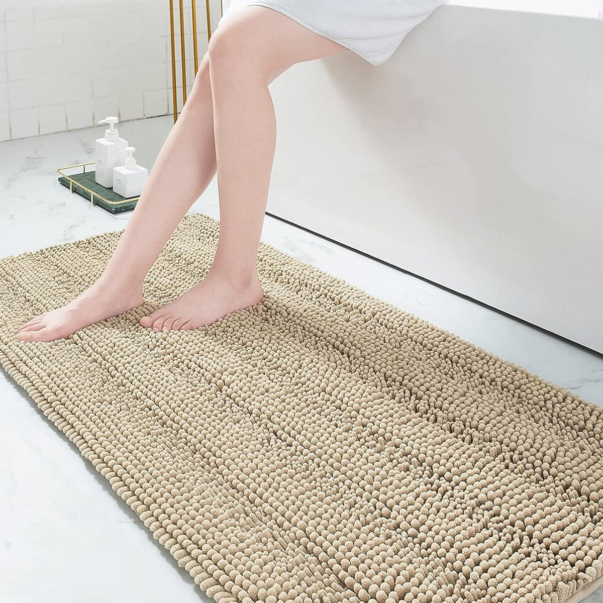 Grandaily Chenille Striped Bathroom Rugs 36x24, Extra Thick and Absorbent Bath Mats, Non-Slip Soft Plush Shaggy Shower Carpet, Machine Wash Dry, Bath Rug for Bathroom, (Large, Light Grey)